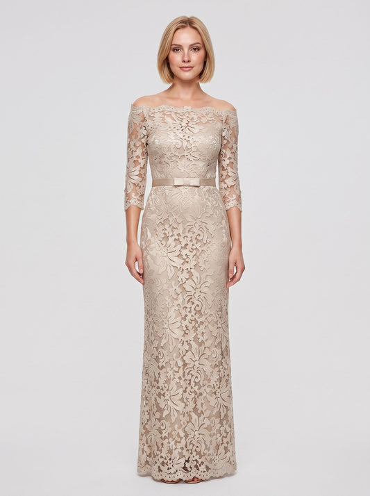 Champagne Lace Sheath/column Boat Neck High Back Floor-Length Dress