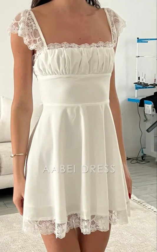 AABEI DRESS Short Party Dress A Line Square Neck Pleated Lace Splicing Fashion Homecoming Dress