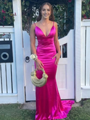 Fuchsia Satin Mermaid Spaghetti Strap Deep V Neck Sleeveless Backless Charming Wedding Guest Dress Long Hot Sale Prom Dresses