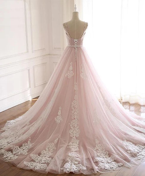 Blush Pink Spaghetti Straps Lace A Line Wedding Dress With Long Train