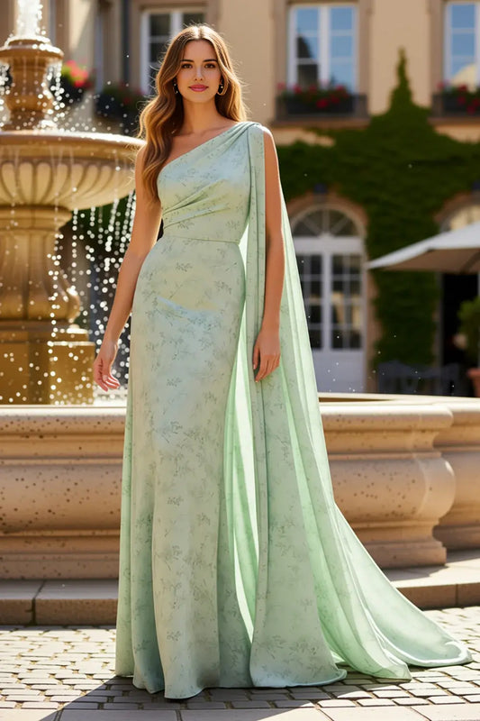 Luxury Prom Dress Sage Printing Sheath One Shoulder With Side Cape Sleeveless Pleated Bargain Long Wedding Guest Dress