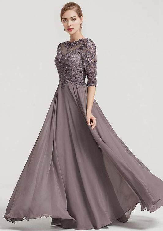 Mauve Chiffon A-Line Boat Neck Back Zip Floor-Length Dress