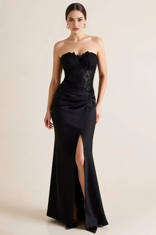 Elegant Black Lace Appliqued Sheath Mermaid Strapless Sweetheart Neckline Long Formal Dress with Slit Charming Evening Dresses