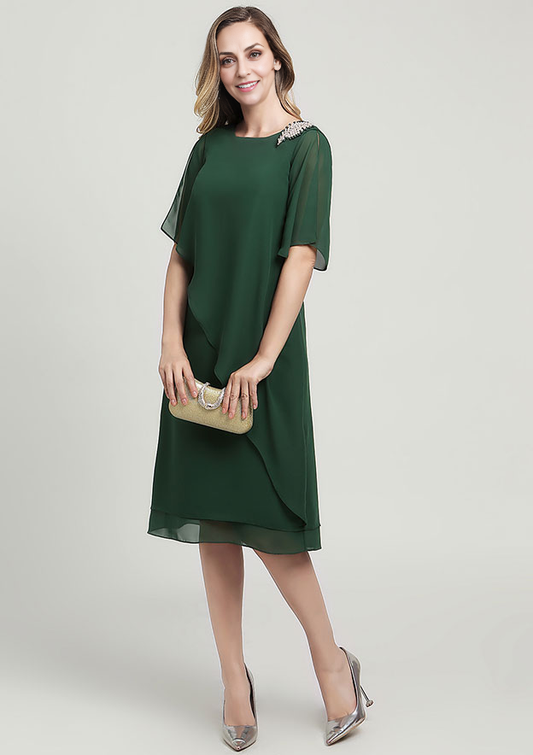 Elegant Wedding Guest Dresses Dark Green Chiffon Sheath/Column Scoop Neck Short Sleeve With Beading Ruffles Knee-Length Bargain Mother of the Bride Dress
