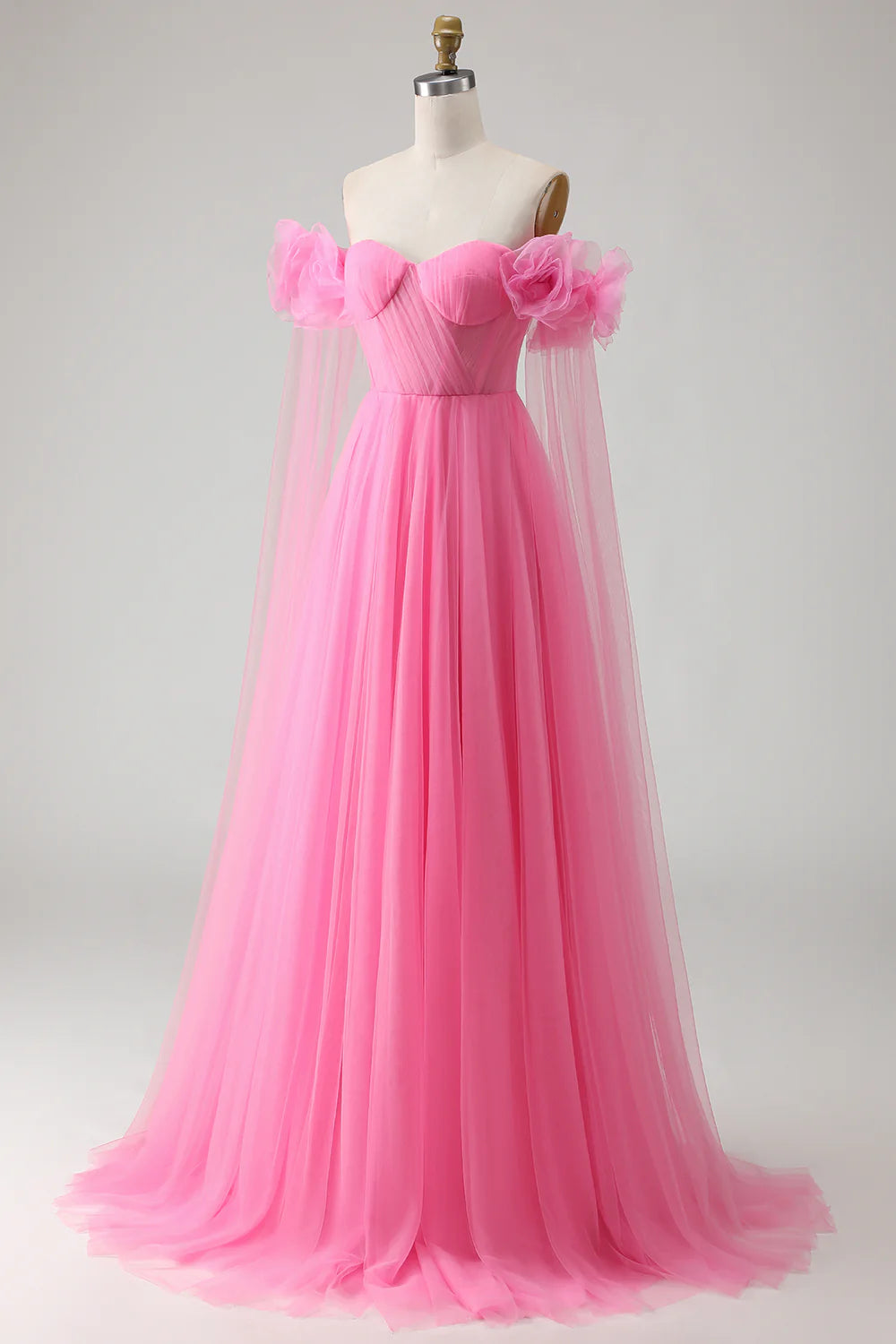 Romantic Prom Dress Hot Pink Tulle A Line Off the Shoulder Sweetheart Neckline with 3D Flowers Sleeveless Ruched Backless Bargain Long Wedding Guest Dress