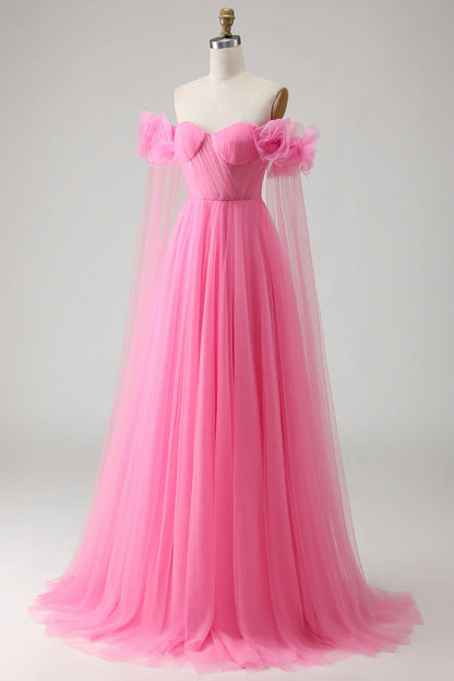 Romantic Prom Dress Hot Pink Tulle A Line Off the Shoulder Sweetheart Neckline with 3D Flowers Sleeveless Ruched Backless Bargain Long Wedding Guest Dress