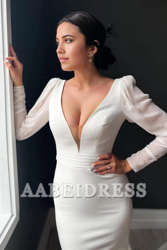 AABEI DRESS High Quality Elegant Wedding Dress Long Sleeves Deep V Backless Mermaid Long Formal Dresses