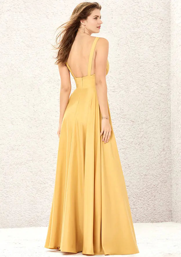 Gold A-line Deep V Neck Sleeveless Ruched Backless With Split Affordable Floor-Length Bridesmaid Dress