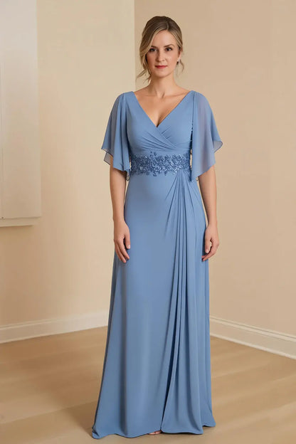 Wedding Guest Dress Exquisite Blue Chiffon A Line V Neck Flutter Short Sleeves Lace Applique with Ruffles Hot Sale Long Mother of the Bride Dress