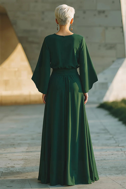 Dark Green Elegant A Line Round Neck Flutter Batwing Sleeve Waist Cincher Long Wedding Guest Dress For Women New Style Mother of the Bride Dress