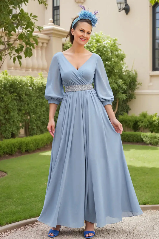 Dusty Blue Chiffon A Line V-Neck Waist Beading V Back 3/4 Long Sleeve Elegant Long Wedding Guest Dress Hot Sale Mother of the Bride Dresses
