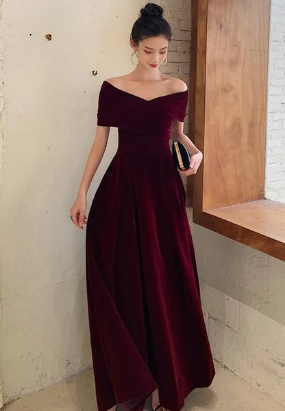 Burgundy Off Shoulder Velvet A Line Formal Evening Dress