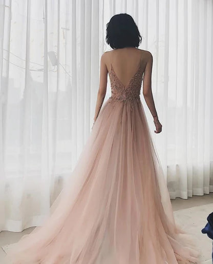 Dusty Rose Spaghetti Strap Beaded Tulle Prom Dress High Slit Low Back
