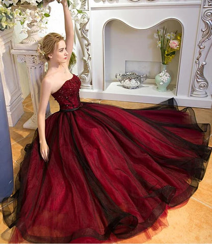 Burgundy Strapless Beaded Black Overlay Tulle Ball Gown