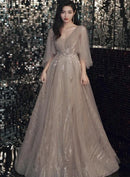 Champagne Deep V Glitter Tulle Prom Dress Sheer Flutter Sleeves