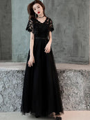 Black V Neck Lace Short Sleeve A Line Tulle Evening Dress