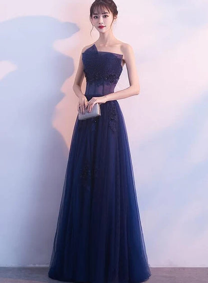 Navy Blue Strapless Tulle Prom Dress Lace Floral Appliques Corset Back