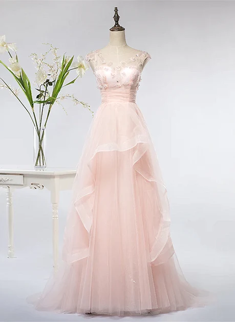 Blush Pink Cap Sleeve Tulle Prom Dress Lace Beaded Appliques Ruffled Skirt