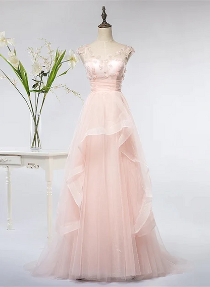Blush Pink Cap Sleeve Tulle Prom Dress Lace Beaded Appliques Ruffled Skirt