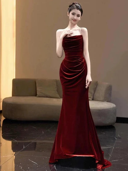 Elegant Mermaid Strapless Draped Zip Long Bridesmaid Gown