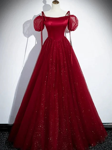 Burgundy Satin and Glitter Tulle A-Line Square Neck Floor-Length Dress