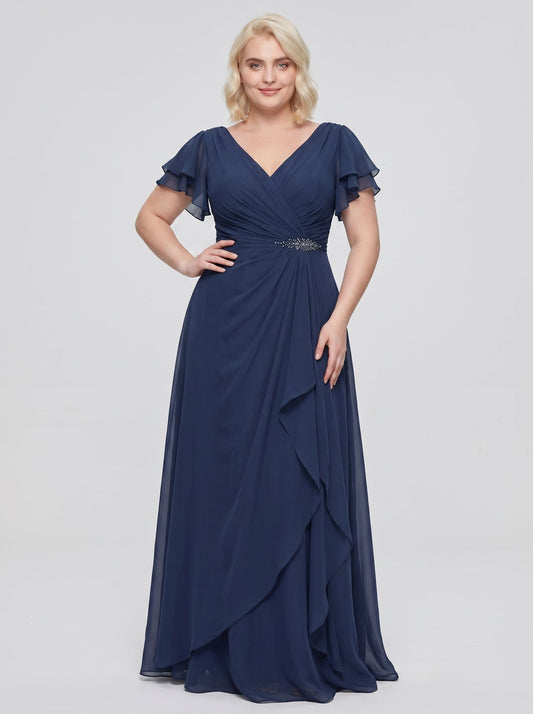 Dark Navy Chiffon A-Line V-Neck Back Zip Floor-Length Dress