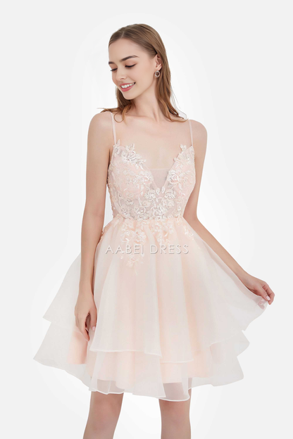 AABEI DRESS Short Dress Elegant A Line V Neck Spaghetti Straps See-Through Lace Applique Bodice Backless Charming New Homecoming Dress