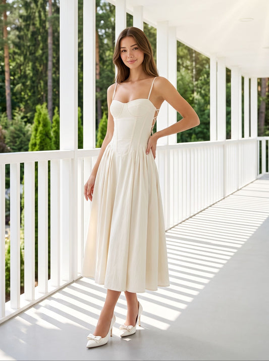 Ivory Satin A-Line Sweetheart Back Zip Tea-Length Dress