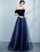 Navy Off Shoulder Velvet Bodice Glitter Tulle A Line Prom Dress