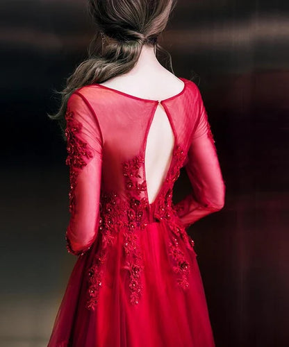 Red Long Sleeve Lace Beaded Tulle A Line Evening Dress Keyhole Back