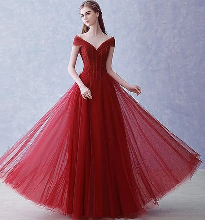 Burgundy Off The Shoulder Tulle Prom Dress Beaded Corset Bodice Back Bow
