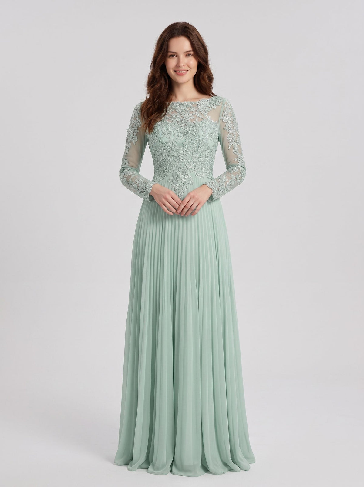 Mint Green Chiffon A-Line Boat Neck Back Zip Floor-Length Dress