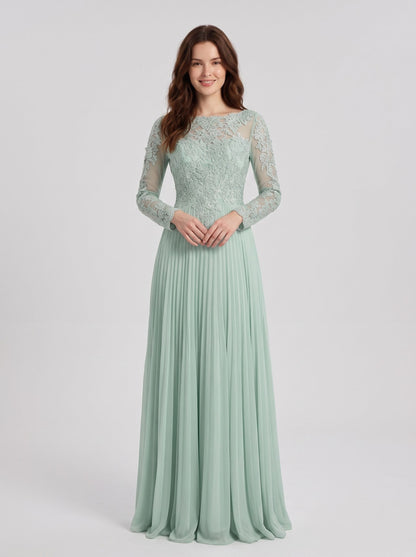 Mint Green Chiffon A-Line Boat Neck Back Zip Floor-Length Dress