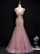 Dusty Pink V Neck Beaded Lace Mermaid Tulle Prom Dress