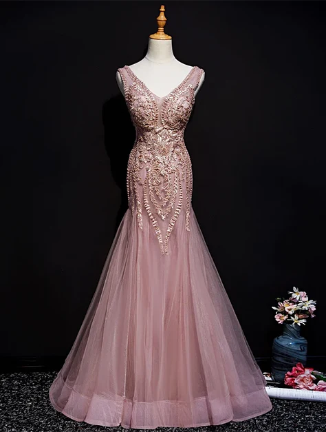 Dusty Pink V Neck Beaded Lace Mermaid Tulle Prom Dress