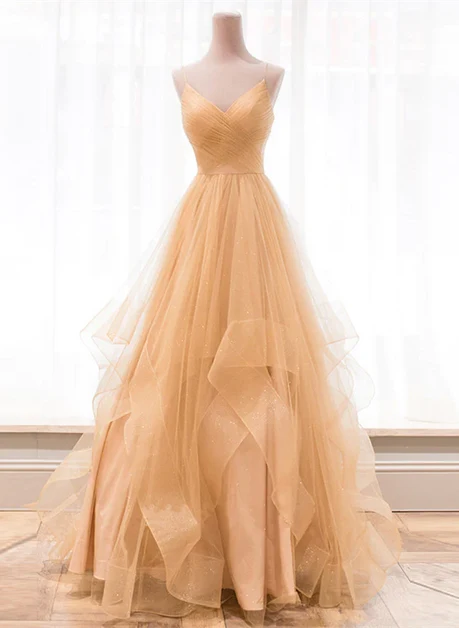 Champagne Spaghetti Strap V Neck Ruffled Glitter Tulle A Line Prom Dress