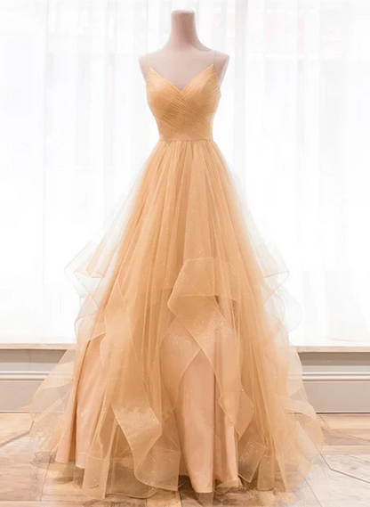 Champagne Spaghetti Strap V Neck Ruffled Glitter Tulle A Line Prom Dress