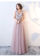 Dusty Pink V Neck Tulle Prom Dress Sleeveless 3D Floral Appliques A Line Lace Up Back