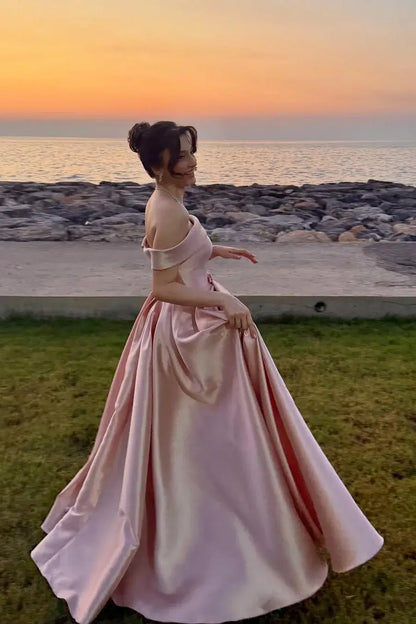 Elegant Formal Women's Dresses Pink Satin A Line Off-The-Shoulder Sleeveless With Pleated Floor Length Affordable Prom Dress