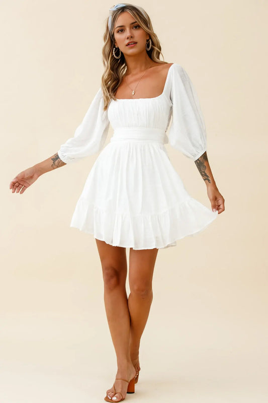 Elegant A Line Square Neck Balloon Sleeves Tie-Up Backless Pleated Dress Blush Sweet Mini Dress Hot Sale Homecoming Dress