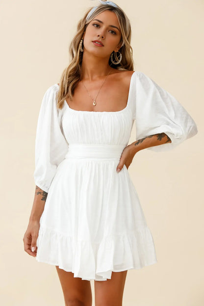 Elegant A Line Square Neck Balloon Sleeves Tie-Up Backless Pleated Dress Blush Sweet Mini Dress Hot Sale Homecoming Dress
