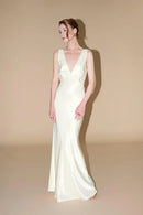 Elegant Simple Formal Women's Dresses Satin Mermaid Wide Shoulder Straps V Neck Sleeveless Floor Length Affordable Prom Dress