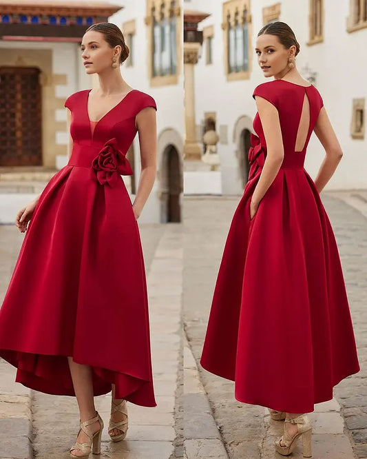 Elegant Formal Women's Dresses A Line V Neck Cap Sleeve Three-Dimensional Flower Hi-Lo Irregular hem Keyhole Back Affordable Prom Dress