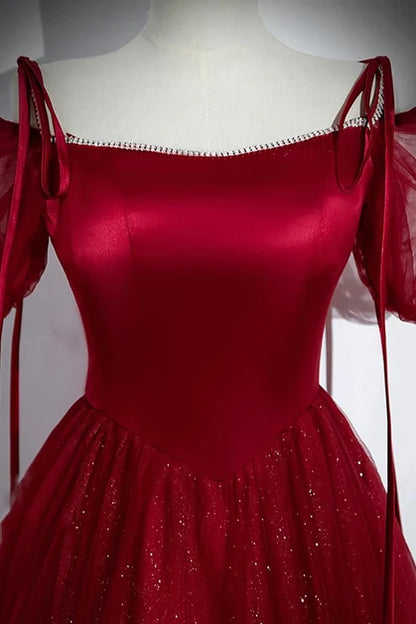 Burgundy Satin and Glitter Tulle A-Line Square Neck Floor-Length Dress