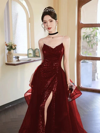 Sparkly A-line V-neck Spaghetti Strap Open Back Slit Long Prom Gown