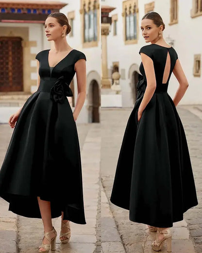 Elegant Formal Women's Dresses A Line V Neck Cap Sleeve Three-Dimensional Flower Hi-Lo Irregular hem Keyhole Back Affordable Prom Dress