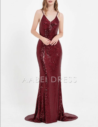 AABEI DRESS Charming Mermaid V Neck Spaghetti Straps Backless Lace up Bodycon Sequin Dress Sweep Train Sparkle Evening Dress