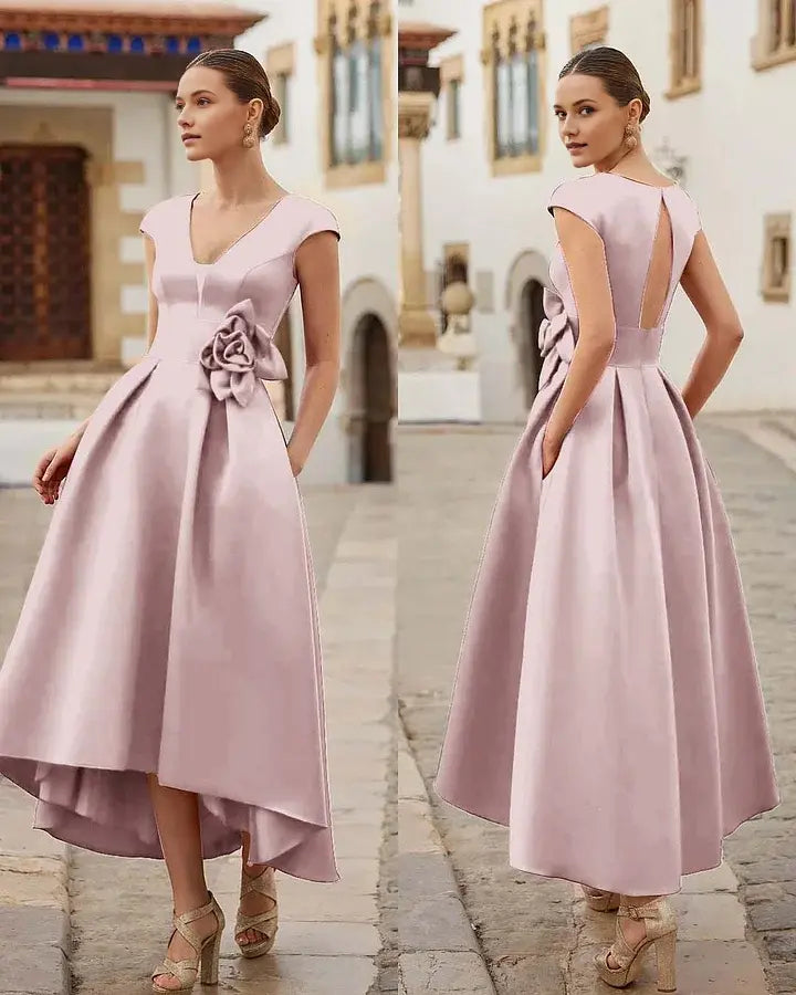 Elegant Formal Women's Dresses A Line V Neck Cap Sleeve Three-Dimensional Flower Hi-Lo Irregular hem Keyhole Back Affordable Prom Dress