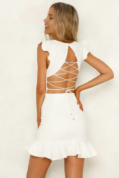 White Sheath Deep V Neck Sleeveless Ruffled Backless Lace Up Slim Cute Mini Dress Hot Sale Homecoming Dress