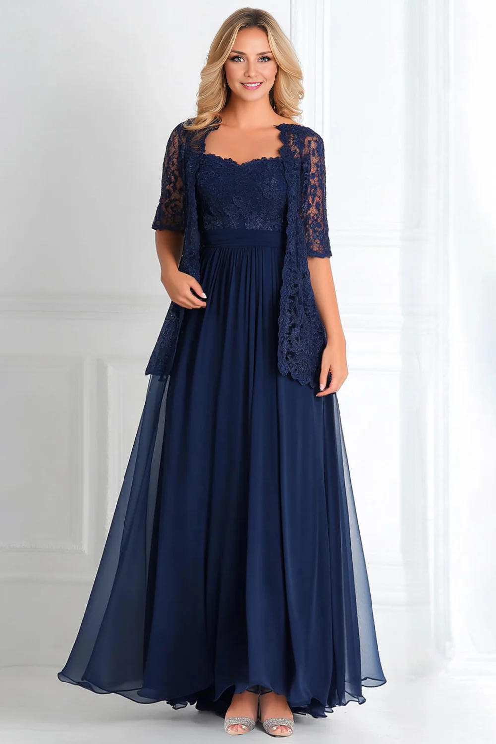 AABEI DRESS Wedding Guests Dresses Mom's Formal Dress Elegant A Line Sweetheart Neckline Two-Piece Set Lace Jacket 3/4 Sleeves Chiffon Long Retro Mother of the Bride Dress